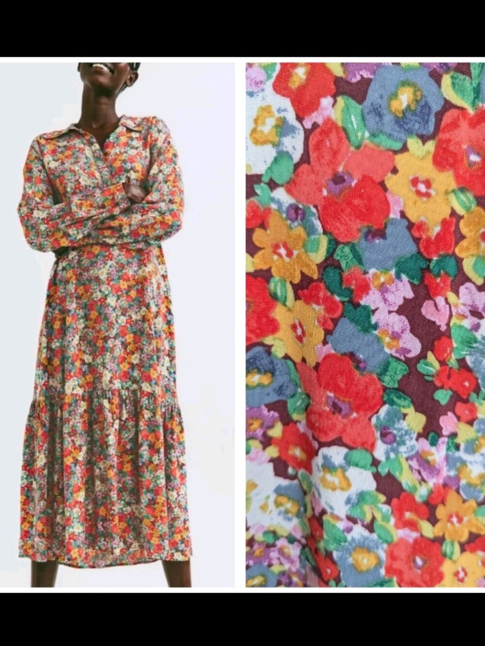 H&M Colorful Garden Party Floral Tiered Midi Dress Ruffle Hem Size Small